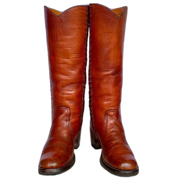 SOLD FRYE Vintage Black Label Braided Sabrina Campus Brown Western Boots 7 - Picture 4 of 8